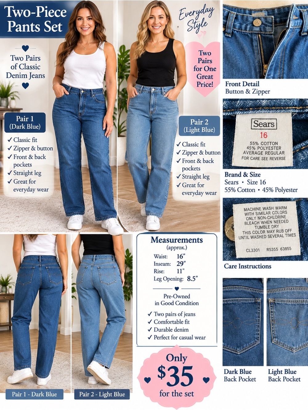 2 pars Men's Blue Denim Jeans - Casual Classic